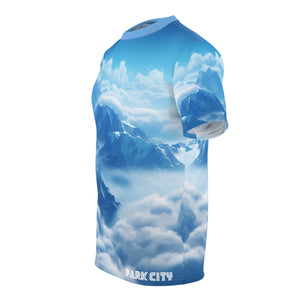FUTURE PARK CITY UTAH to CHAMONIX Ultra comfortable microfiber custom art sublimation print ski snowboard t-shirt