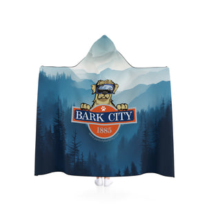 BARK CITY HOODED BLANKET Super Warm Fuzzy Cozy Hooded Sherpa Fleece Blanket w/ Mascot "Vince" for lounging Chill & Snuggle Soft Apres Ski Park City