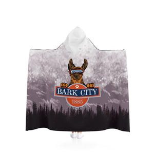 BARK CITY HOODED BLANKET Super Warm Fuzzy Cozy Hooded Sherpa Fleece Blanket w/ Mascot "Rocky" for lounging Chill & Snuggle Soft Apres Ski Park City