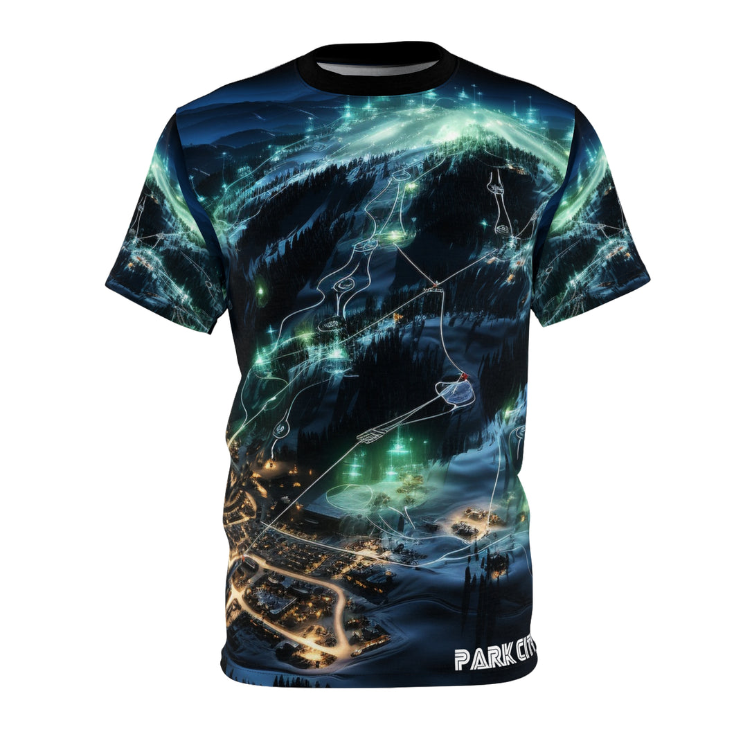 MOUNTAIN T-SHIRT FUTURE PARK CITY UTOPIAN DREAM - Step into the Future of a LIFE Elevated in this Visionary World of Mountain Adventure and Fantasy. Original Park City Utah Designed Custom Unisex T-shirt - Ski Skiing Wasatch Nature Discovery
